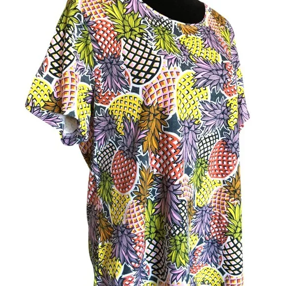 NWOT Rebecca Malone Short-Sleeved Cotton Tee, Colorful Pineapple Print Size XL - Picture 4 of 9